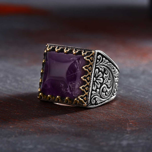 RARE PRINCE by CARAT SUTRA | Unique Designed Turkish Style Premium Ring with Purple Amethyst | 925 Sterling Silver Oxidized Ring | Men's Jewelry | With Certificate of Authenticity and 925 Hallmark - caratsutra