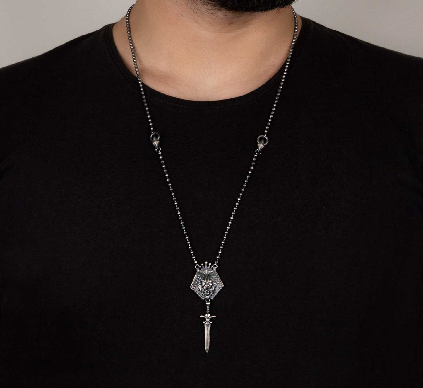 RARE PRINCE by CARAT SUTRA | Unique Designed King Lion with Sword Pendant Necklace with Ball Chain | 925 Sterling Silver Oxidized Necklace | Men's Jewelry | With Certificate of Authenticity and 925 Hallmark - caratsutra
