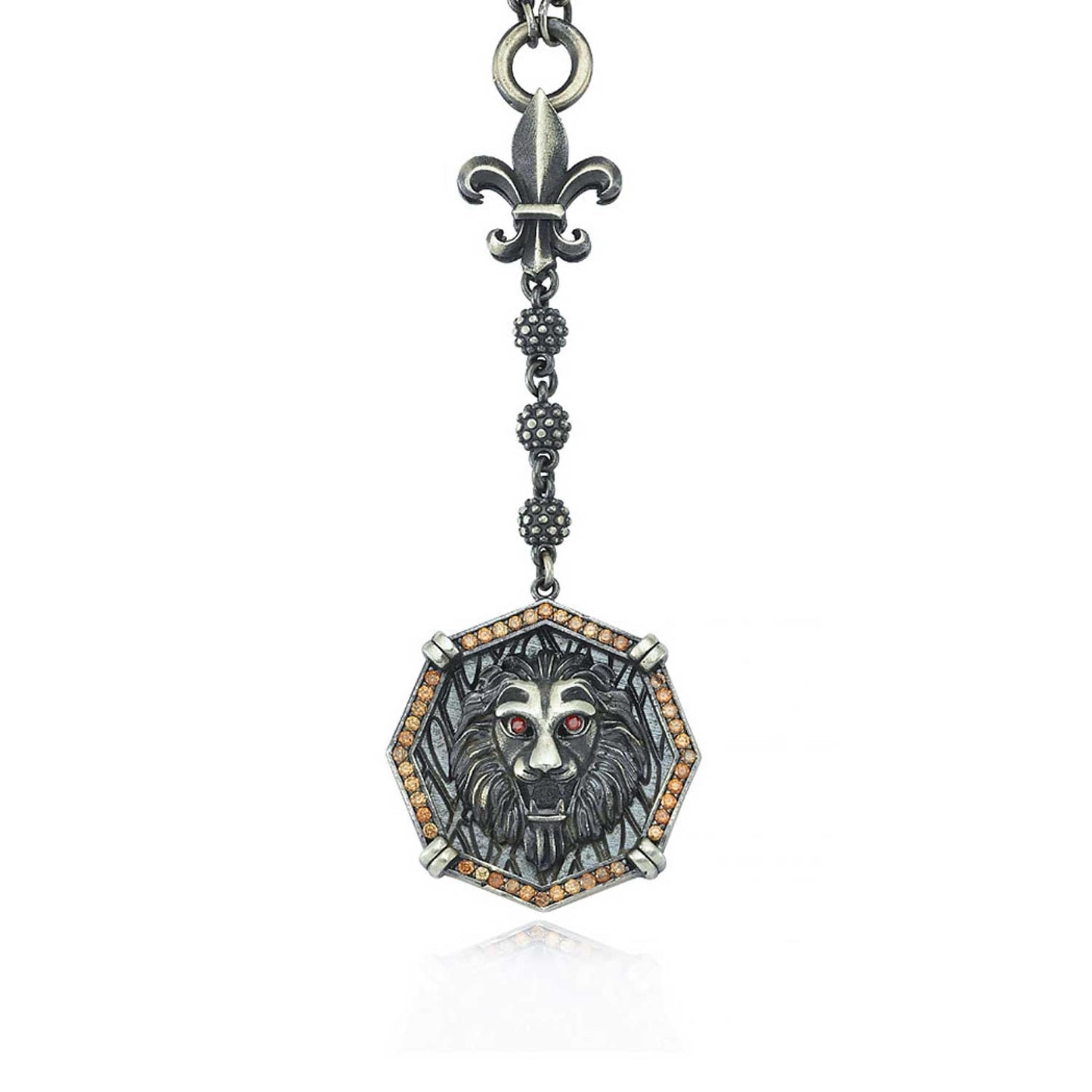 RARE PRINCE by CARAT SUTRA | Unique Silver Balls & Natural Tiger Eye Beaded Chain Necklace with Lion Head | 925 Sterling Silver Oxidized Pendant with Fleur-de-lis Symbol | Men's Jewelry | With Certificate of Authenticity and 925 Hallmark - caratsutra