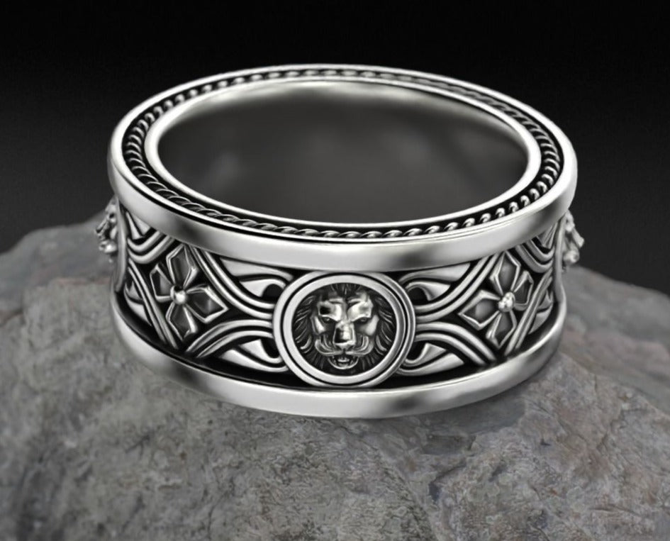 RARE PRINCE by CARAT SUTRA | Unique Designed Band Ring with Lion | 925 Sterling Silver Oxidized Ring | Men's Jewelry | With Certificate of Authenticity and 925 Hallmark