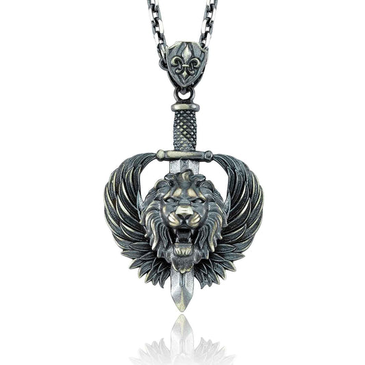 RARE PRINCE by CARAT SUTRA | Unique Designed Lion with Feathers & Sword Pendant for Men | 925 Sterling Silver Oxidized Pendant | Men's Jewelry | With Certificate of Authenticity and 925 Hallmark - caratsutra