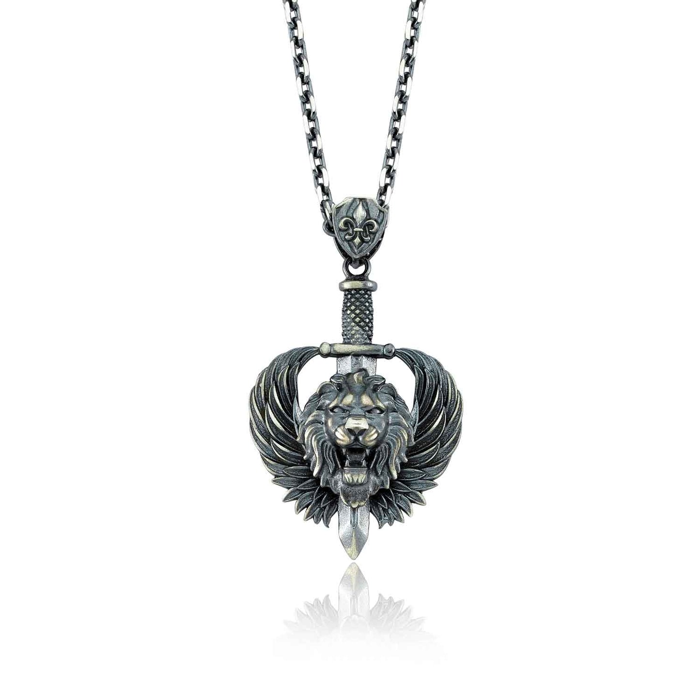 RARE PRINCE by CARAT SUTRA | Unique Designed Lion with Feathers & Sword Pendant for Men | 925 Sterling Silver Oxidized Pendant | Men's Jewelry | With Certificate of Authenticity and 925 Hallmark - caratsutra