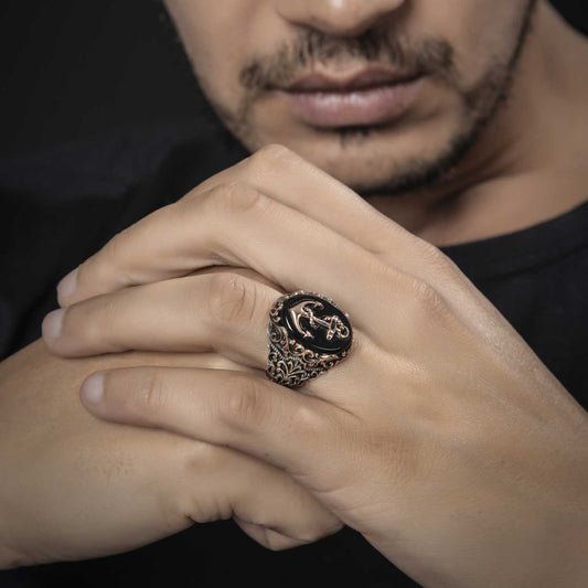 RARE PRINCE by CARAT SUTRA | Unique Handmade Turkish Style Sailor's Anchor Ring with Natural Black Onyx | 925 Sterling Silver Oxidized Ring | Men's Jewelry | With Certificate of Authenticity and 925 Hallmark - caratsutra
