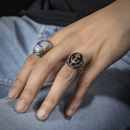 RARE PRINCE by CARAT SUTRA | Unique Handmade Turkish Style Sailor's Anchor Ring with Natural Black Onyx | 925 Sterling Silver Oxidized Ring | Men's Jewelry | With Certificate of Authenticity and 925 Hallmark - caratsutra