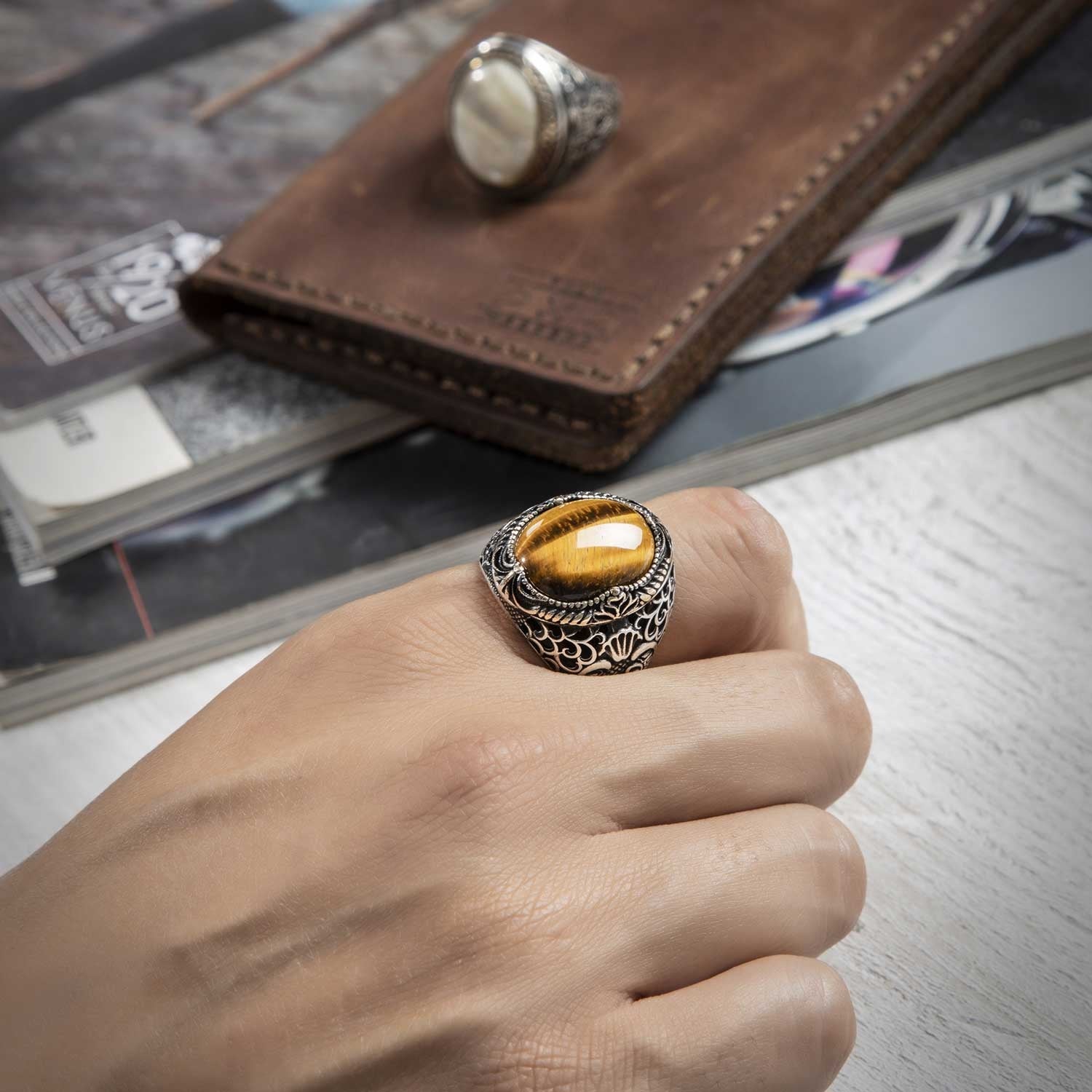 RARE PRINCE by CARAT SUTRA | Unique Turkish Style Ring with Natural Pearl | 925 Sterling Silver Oxidized Ring | Men's Jewelry | With Certificate of Authenticity and 925 Hallmark - caratsutra