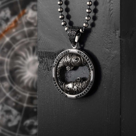 RARE PRINCE by CARAT SUTRA | Unique Pisces Zodiac Designed Pendant Studded with Black Zircons | Unisex 925 Sterling Silver Oxidized Pendant | Men's Jewelry | With Certificate of Authenticity and 925 Hallmark - caratsutra