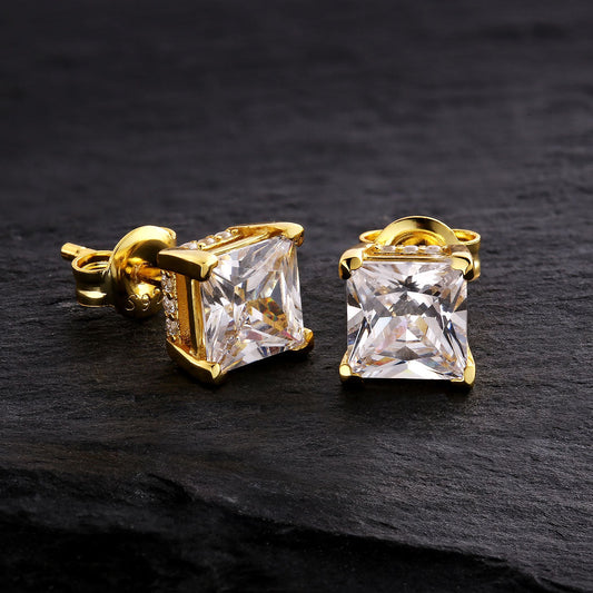 RARE PRINCE by CARAT SUTRA | Princess Cut Diamond Stud Earrings for Men | AAA+ Quality Swarovski Diamond & White Rhodium & 22kt Gold Plated 925 Sterling Silver Earrings | Jewellery for Men| With Certificate of Authenticity and 925 Hallmark