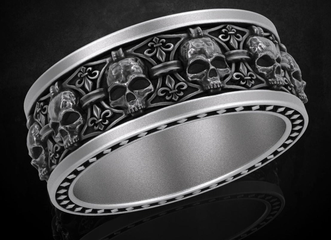 RARE PRINCE by CARAT SUTRA | Unique Designed Band Ring Skull & Fleur De Lis | 925 Sterling Silver Oxidized Ring | Men's Jewelry | With Certificate of Authenticity and 925 Hallmark - caratsutra