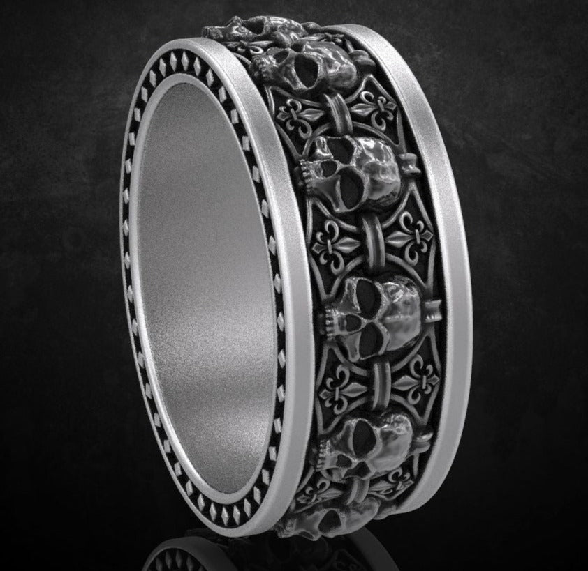 RARE PRINCE by CARAT SUTRA | Unique Designed Band Ring Skull & Fleur De Lis | 925 Sterling Silver Oxidized Ring | Men's Jewelry | With Certificate of Authenticity and 925 Hallmark - caratsutra