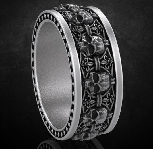 RARE PRINCE by CARAT SUTRA | Unique Designed Band Ring Skull & Fleur De Lis | 925 Sterling Silver Oxidized Ring | Men's Jewelry | With Certificate of Authenticity and 925 Hallmark - caratsutra