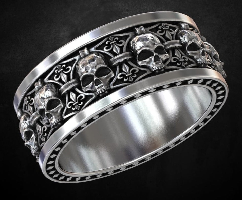 RARE PRINCE by CARAT SUTRA | Unique Designed Band Ring Skull & Fleur De Lis | 925 Sterling Silver Oxidized Ring | Men's Jewelry | With Certificate of Authenticity and 925 Hallmark - caratsutra