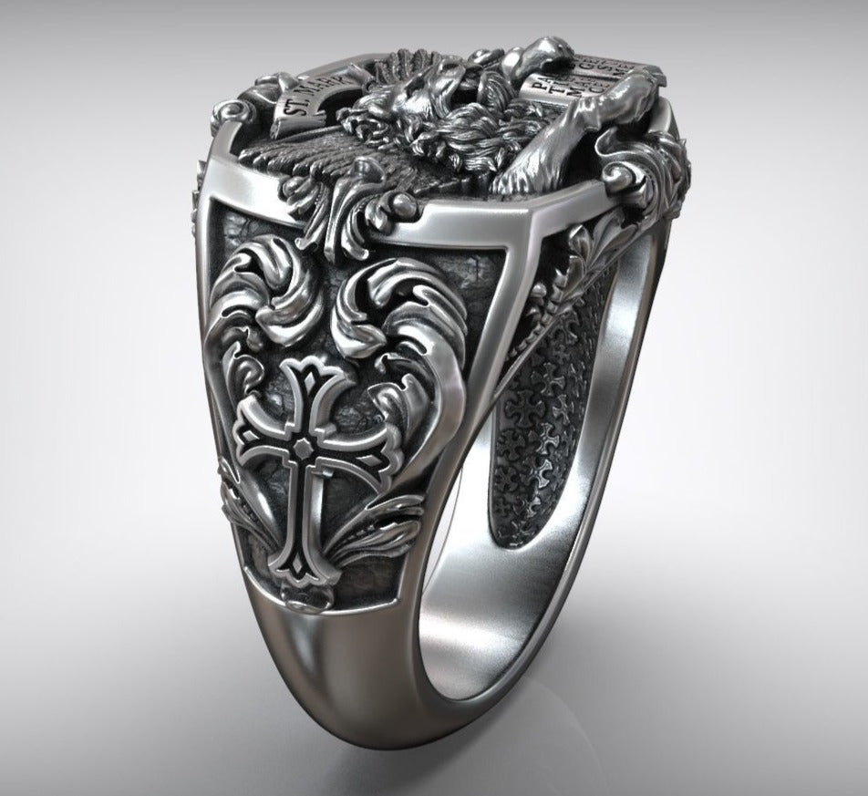 RARE PRINCE by CARAT SUTRA | Unique Designed St. Mark Lion with Cross Ring | 925 Sterling Silver Oxidized Ring | Men's Jewelry | With Certificate of Authenticity and 925 Hallmark