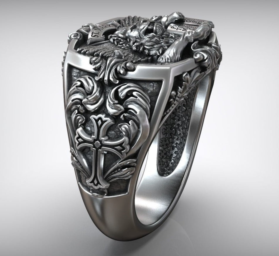 RARE PRINCE by CARAT SUTRA | Unique Designed St. Mark Lion with Cross Ring | 925 Sterling Silver Oxidized Ring | Men's Jewelry | With Certificate of Authenticity and 925 Hallmark - caratsutra