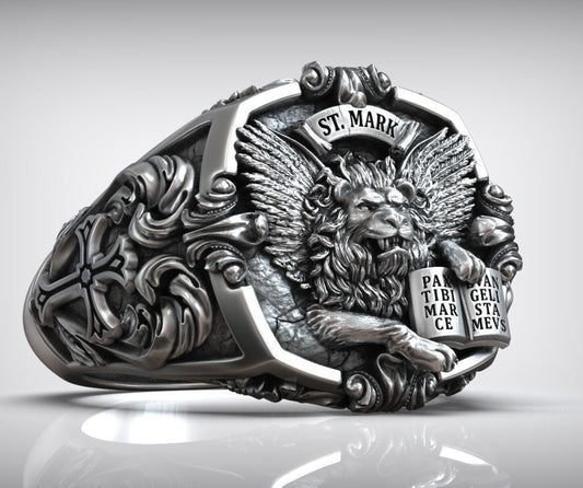 RARE PRINCE by CARAT SUTRA | Unique Designed St. Mark Lion with Cross Ring | 925 Sterling Silver Oxidized Ring | Men's Jewelry | With Certificate of Authenticity and 925 Hallmark - caratsutra