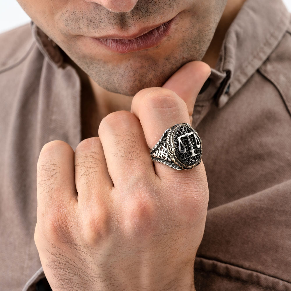 RARE PRINCE by CARAT SUTRA | Unique Handmade Turkish Style Libra Zodiac Ring for Librans | 925 Sterling Silver Oxidized Ring | Men's Jewelry | With Certificate of Authenticity and 925 Hallmark - caratsutra