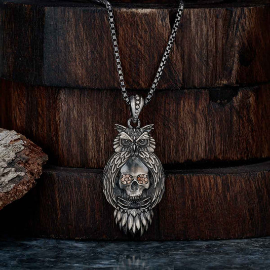 RARE PRINCE by CARAT SUTRA | Unique Designed Owl with Skull Pendant for Men | 925 Sterling Silver Oxidized Pendant | Men's Jewelry | With Certificate of Authenticity and 925 Hallmark - caratsutra