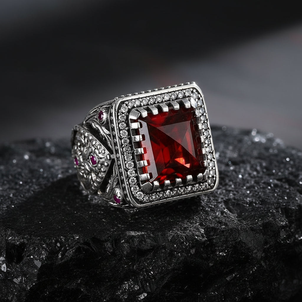 RARE PRINCE by CARAT SUTRA | Unique Handmade Turkish Style Ring Studded with AAA+ Red Zirconia | 925 Sterling Silver Oxidized Ring | Men's Jewelry | With Certificate of Authenticity and 925 Hallmark