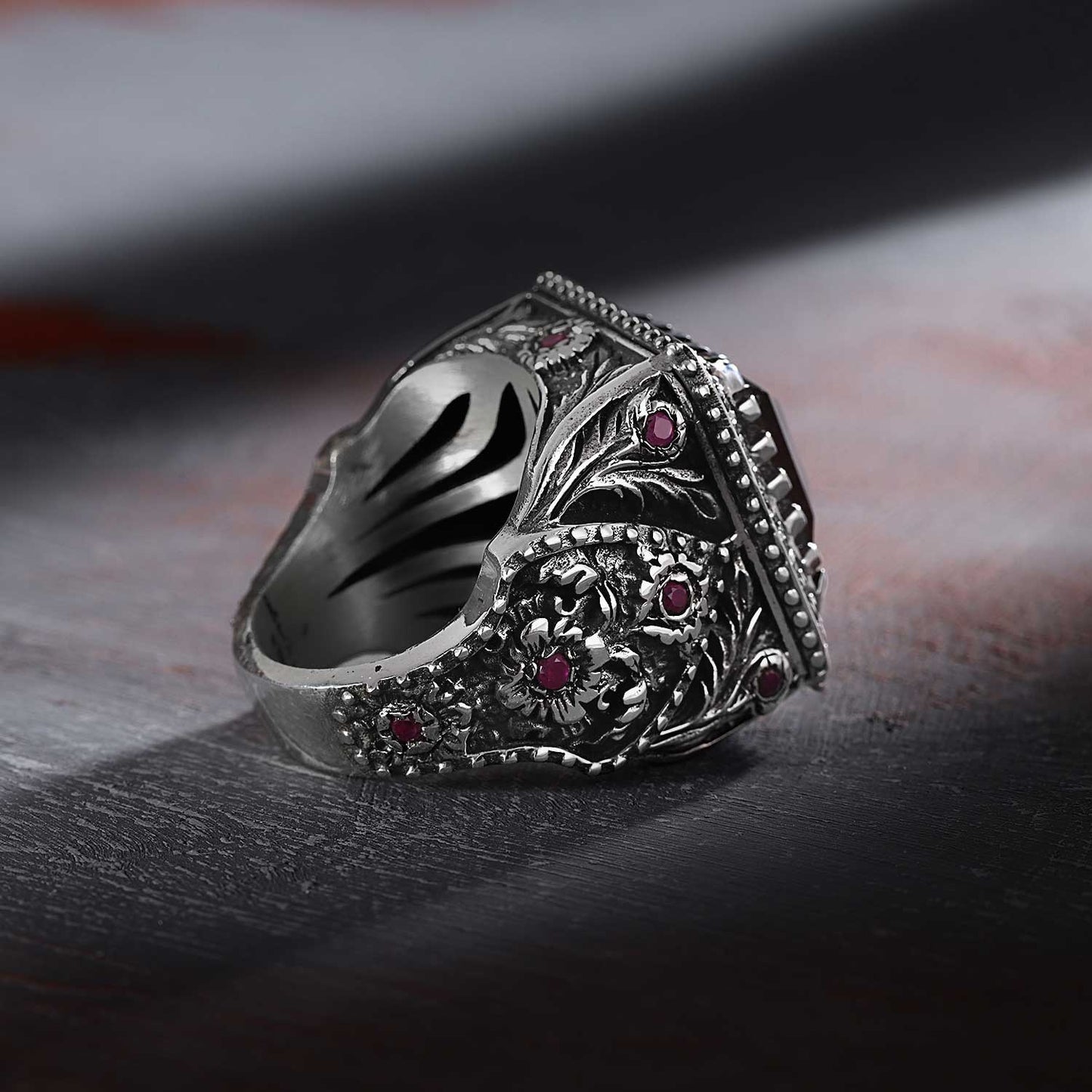 RARE PRINCE by CARAT SUTRA | Unique Handmade Turkish Style Ring Studded with AAA+ Red Zirconia | 925 Sterling Silver Oxidized Ring | Men's Jewelry | With Certificate of Authenticity and 925 Hallmark - caratsutra