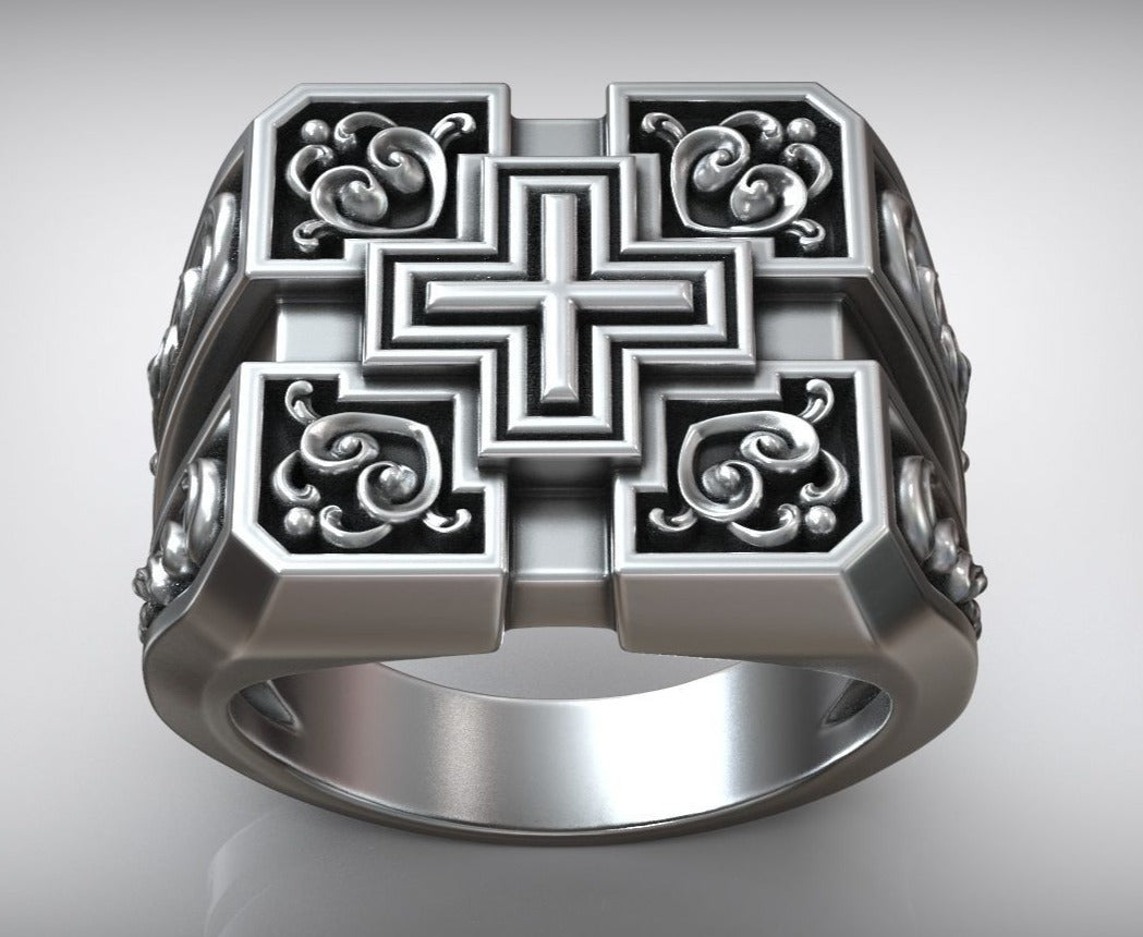 RARE PRINCE by CARAT SUTRA | Unique Designed Signet Cross Ring in Square Pattern | 925 Sterling Silver Oxidized Ring | Men's Jewelry | With Certificate of Authenticity and 925 Hallmark