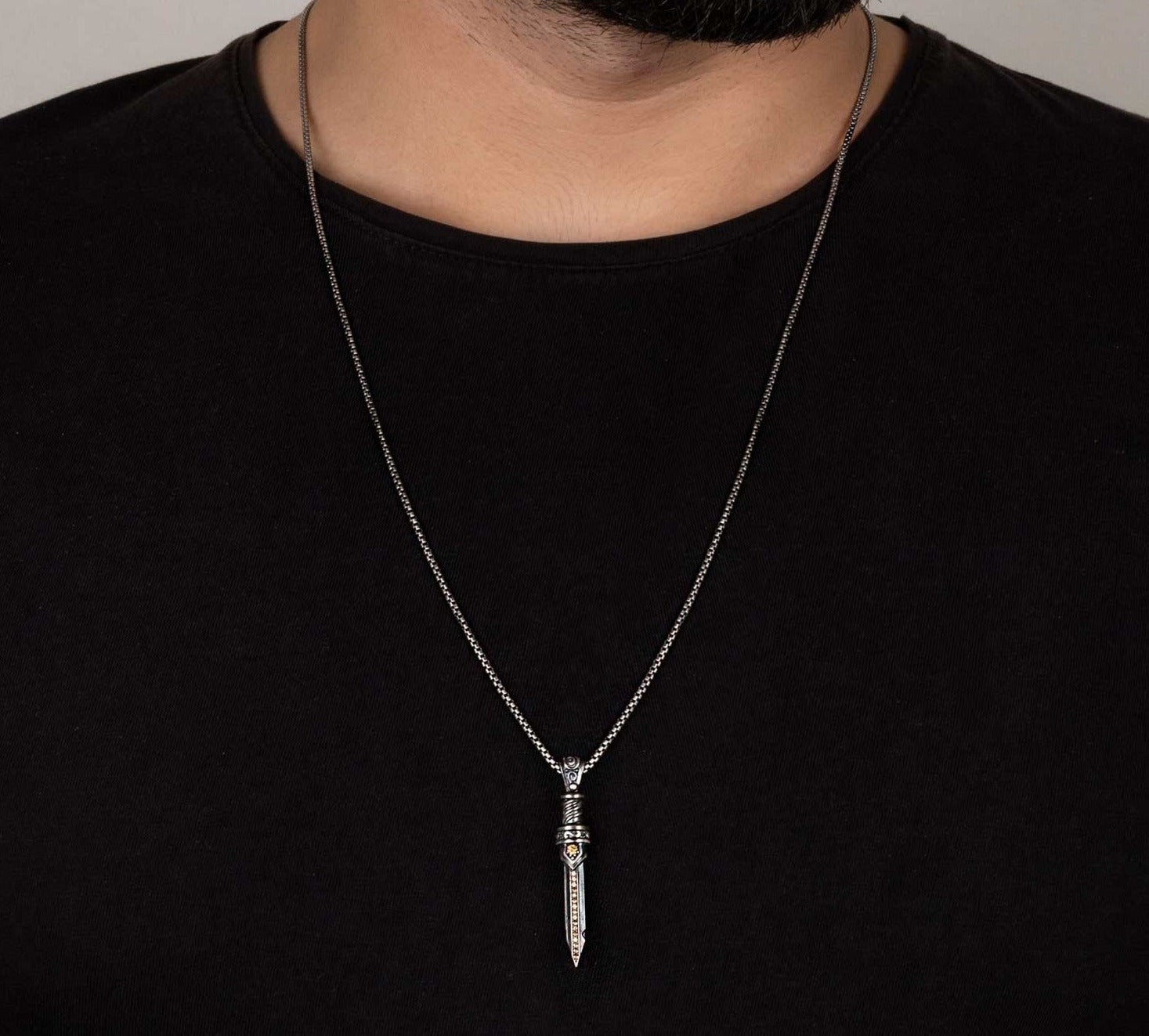 RARE PRINCE by CARAT SUTRA | Unique Designed Sword Pendant Studded with Cubic Zircons for Men | 925 Sterling Silver Oxidized Pendant | Men's Jewelry | With Certificate of Authenticity and 925 Hallmark - caratsutra