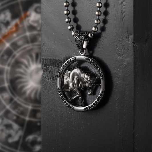 RARE PRINCE by CARAT SUTRA | Unique Taurus Zodiac Designed Pendant Studded with Black Zircons | Unisex 925 Sterling Silver Oxidized Pendant | Men's Jewelry | With Certificate of Authenticity and 925 Hallmark - caratsutra