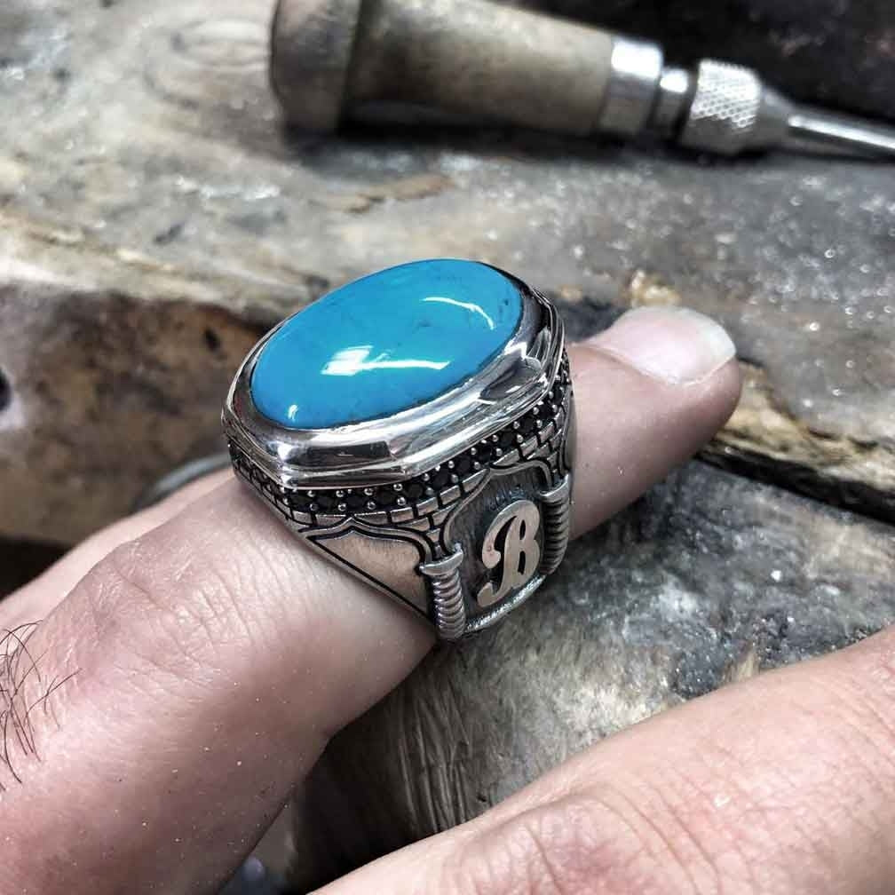 RARE PRINCE by CARAT SUTRA | Unique Handmade Turkish Style Personalized Name Initial Letter Ring with Natural Turquoise | 925 Sterling Silver Oxidized Ring | Men's Jewelry | With Certificate of Authenticity and 925 Hallmark - caratsutra