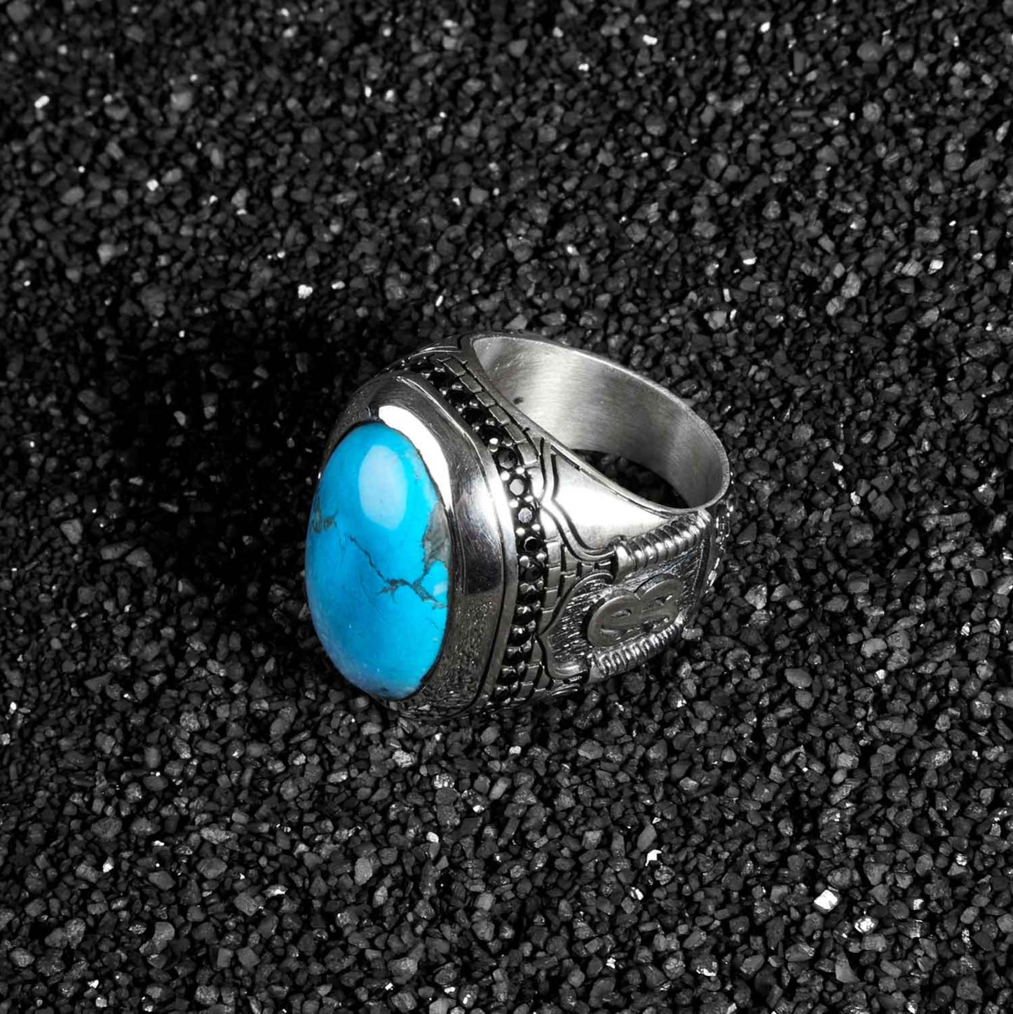 RARE PRINCE by CARAT SUTRA | Unique Handmade Turkish Style Personalized Name Initial Letter Ring with Natural Turquoise | 925 Sterling Silver Oxidized Ring | Men's Jewelry | With Certificate of Authenticity and 925 Hallmark - caratsutra