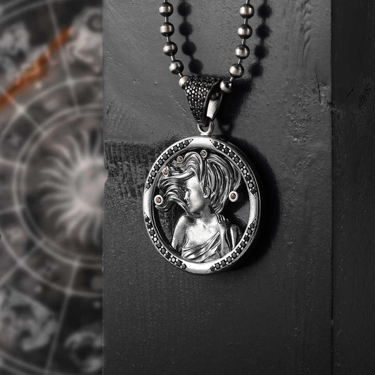 RARE PRINCE by CARAT SUTRA | Unique Virgo Zodiac Designed Pendant Studded with Black Zircons | Unisex 925 Sterling Silver Oxidized Pendant | Men's Jewelry | With Certificate of Authenticity and 925 Hallmark - caratsutra